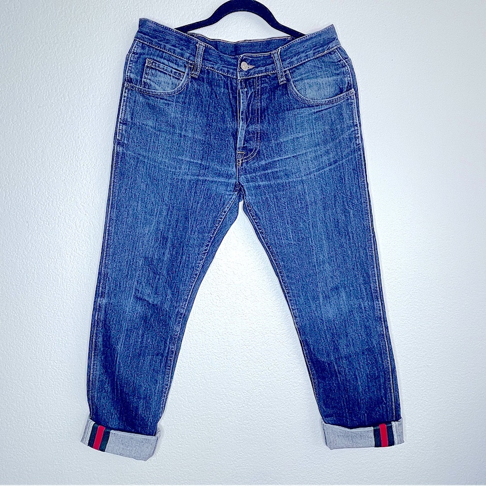 Unisex Button Front Tapered Jeans Label Stripes